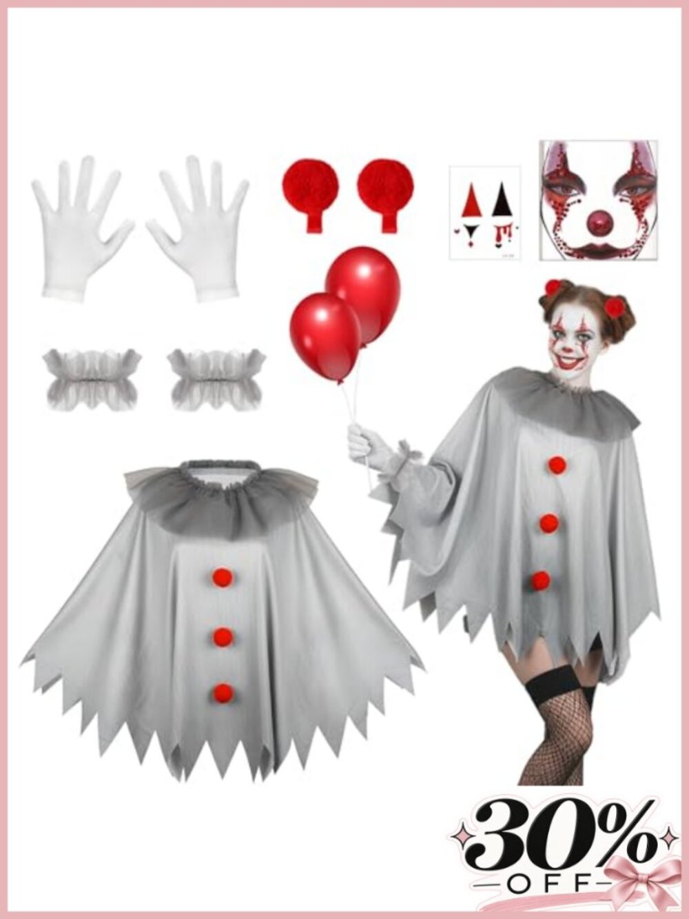 Scary Clown Costume Set Poncho Cape Face Gems Gloves Hair Clip Halloween Cosplay